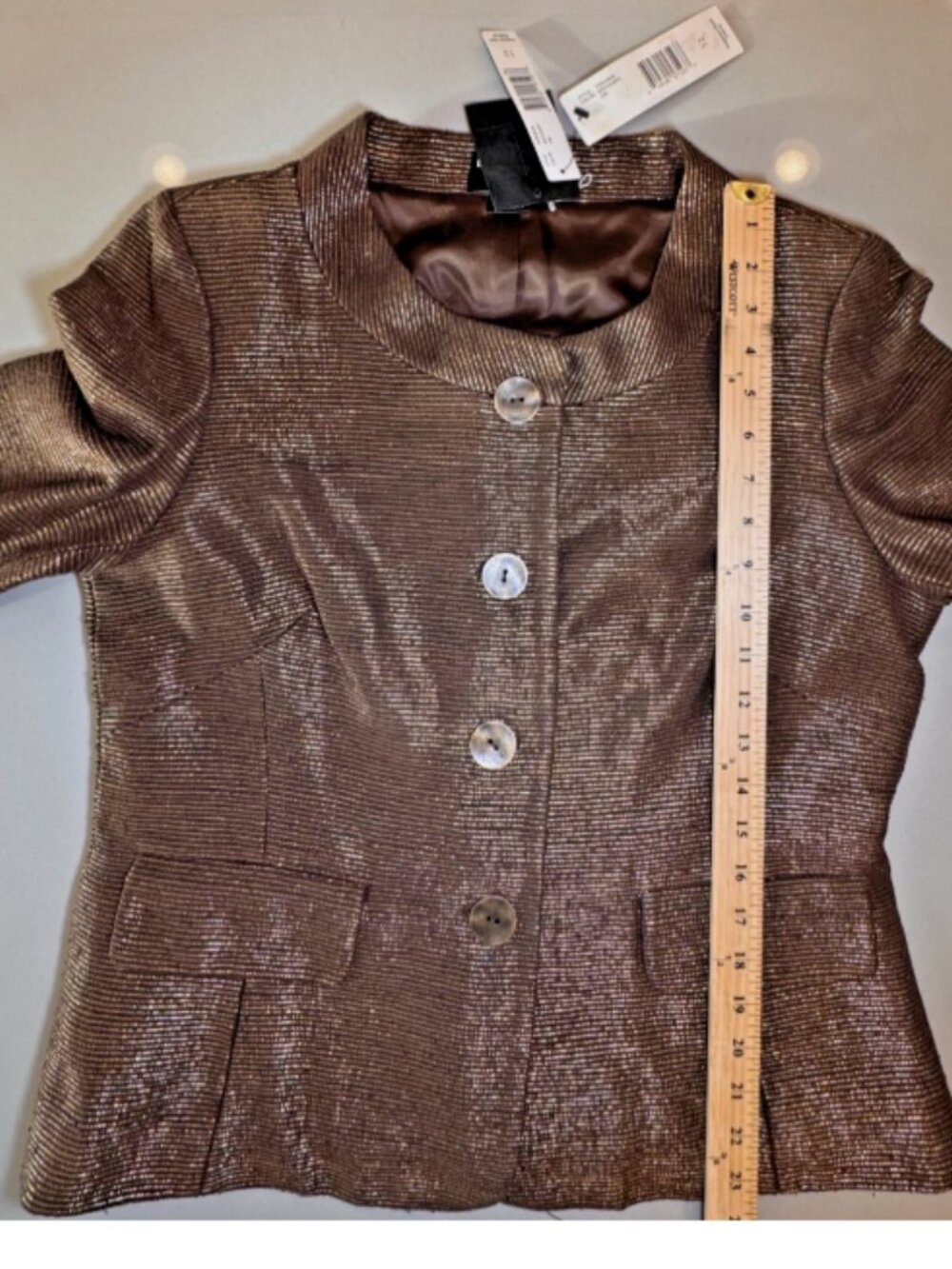 NWT Ellen Tracy Mahogany Gold Metallic Stripe Texture Silk Blend Jacket Size 12